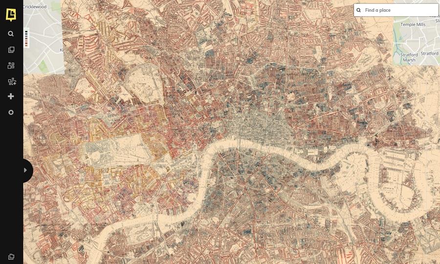 Layering historic maps on top of each other, users can discover how areas and streets have changed throughout time.
