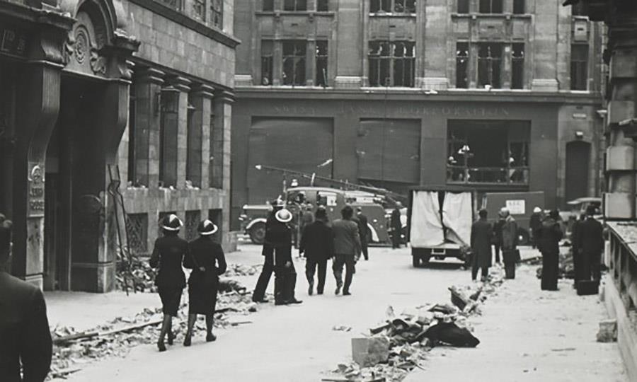 City bomb damage in Old Jewry (towards Gresham Street) by Kind Permission of the Commissioner of the City of London Police